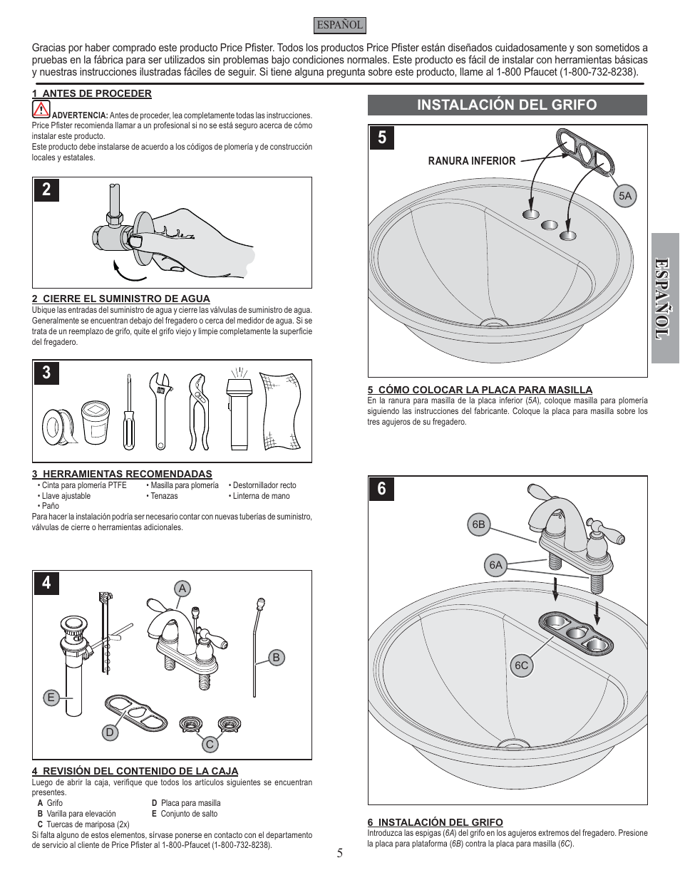 Esp a ñ ol, Instalación del grifo | Pfister F-048-UNKK User Manual | Page 5 / 12