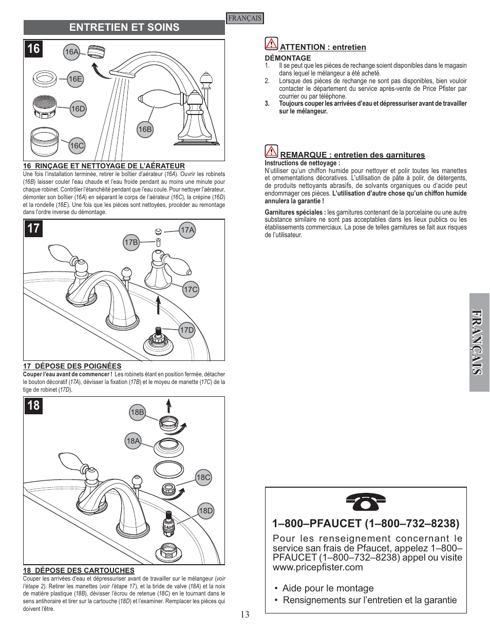Fran ç ais, Entretien et soins | Pfister F-049-EPBK User Manual | Page 13 / 14