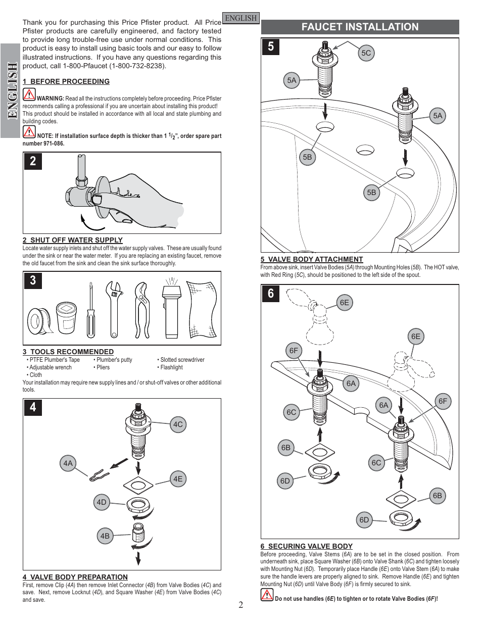 English, Faucet installation | Pfister F-049-EPBK User Manual | Page 2 / 14