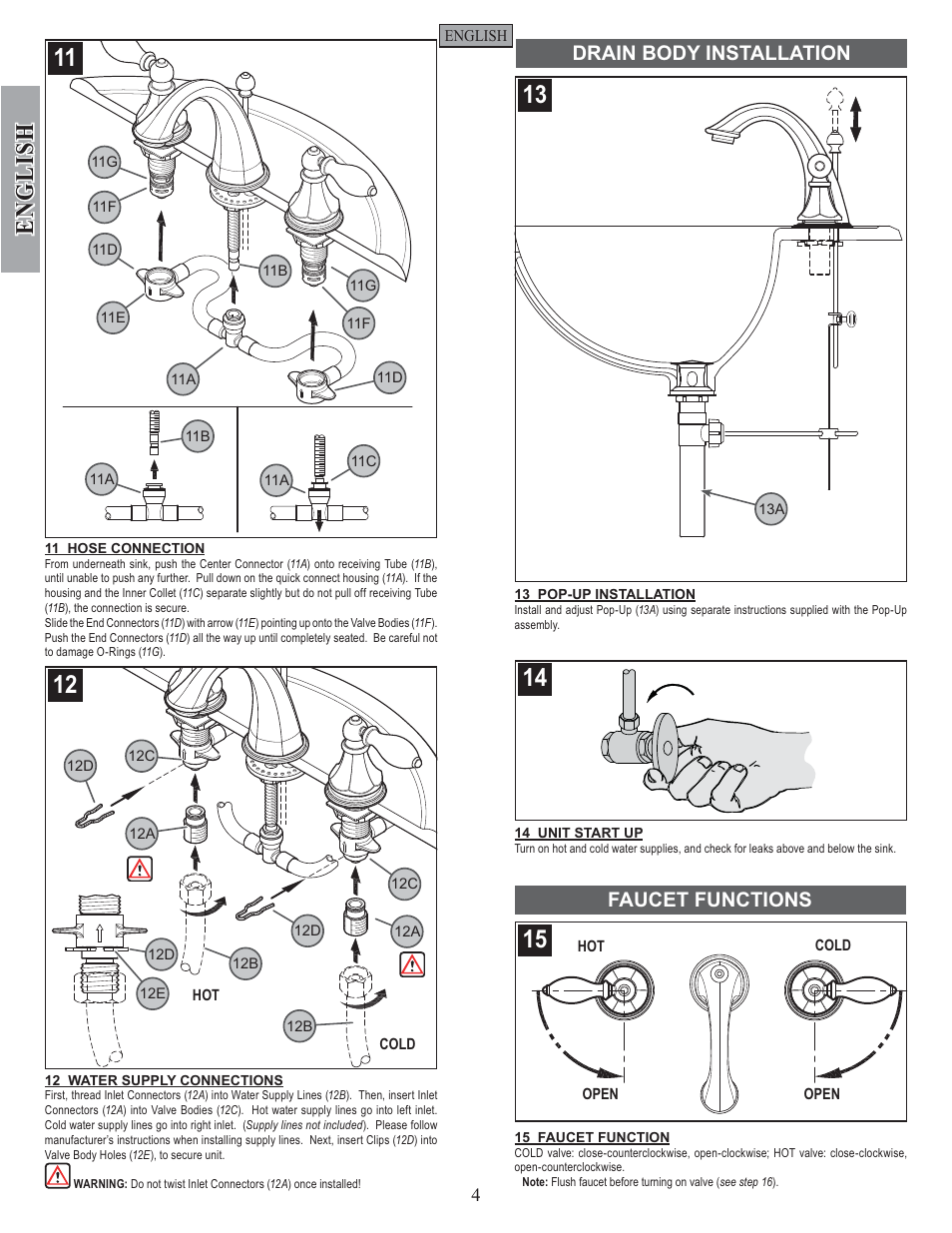 English, Drain body installation faucet functions | Pfister F-049-EPBK User Manual | Page 4 / 14