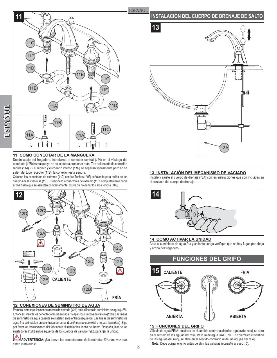 Esp a ñ ol, Funciones del grifo | Pfister F-049-EPBK User Manual | Page 8 / 14
