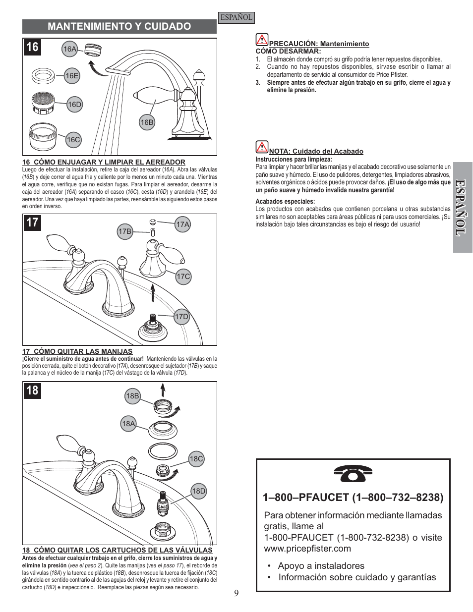 Esp a ñ ol, Mantenimiento y cuidado | Pfister F-049-EPBK User Manual | Page 9 / 14