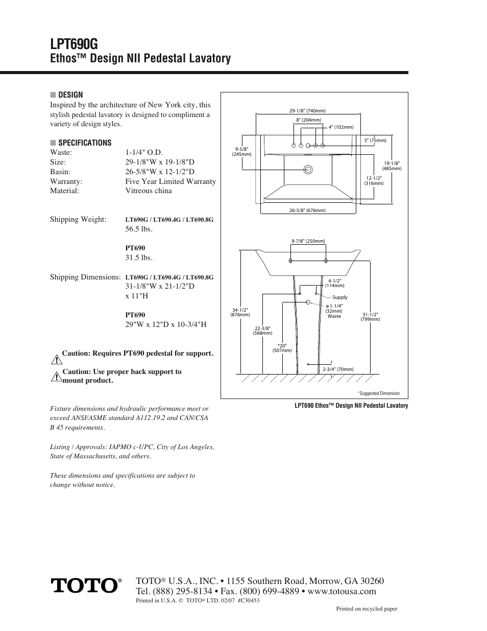 Lpt690g, Ethos™ design nii pedestal lavatory, Toto | Factory Direct Hardware Toto LT6908G User Manual | Page 2 / 2
