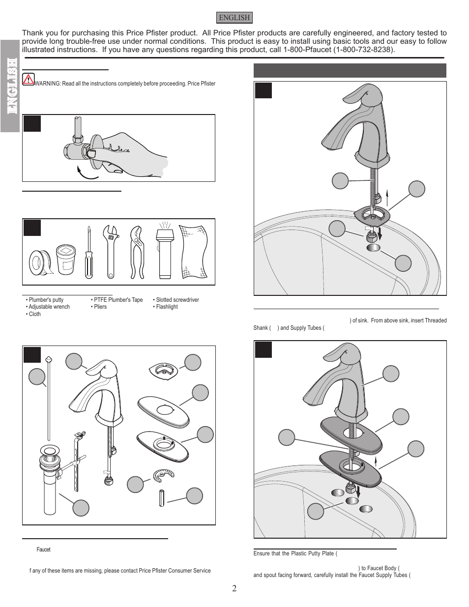 English, Faucet installation | Pfister F-042-ST0K User Manual | Page 2 / 12