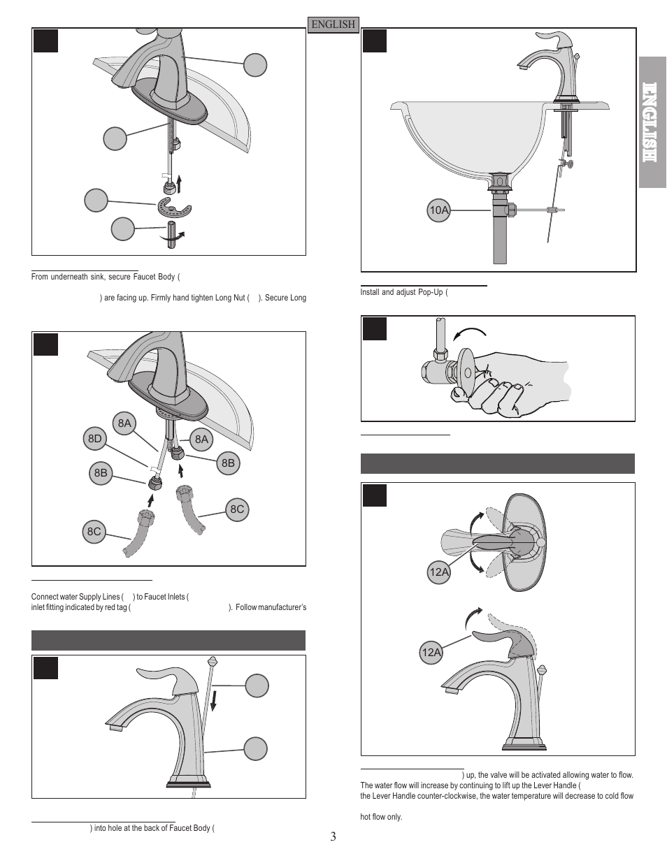 English, Drain body installation faucet function | Pfister F-042-ST0K User Manual | Page 3 / 12