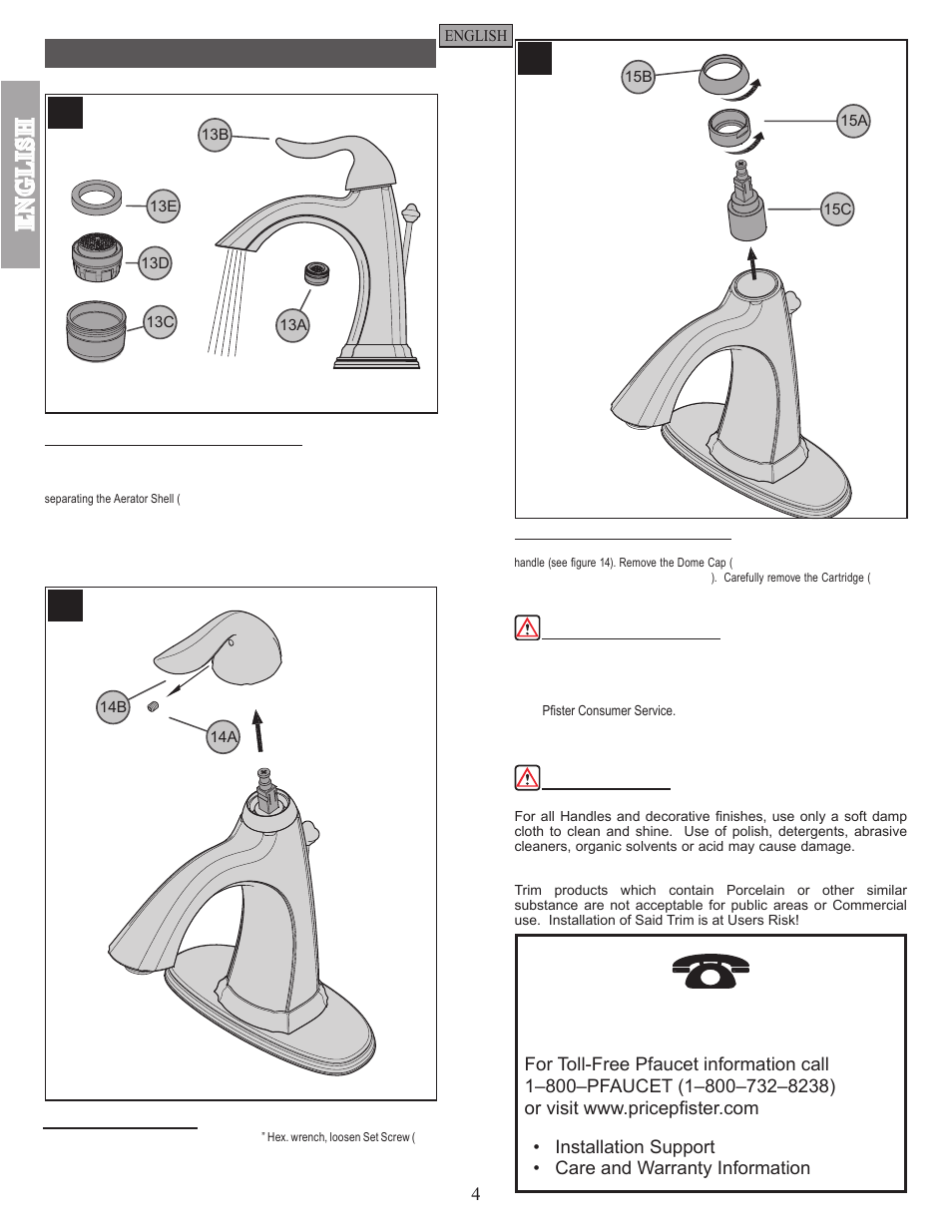 English, Maintenance & care | Pfister F-042-ST0K User Manual | Page 4 / 12