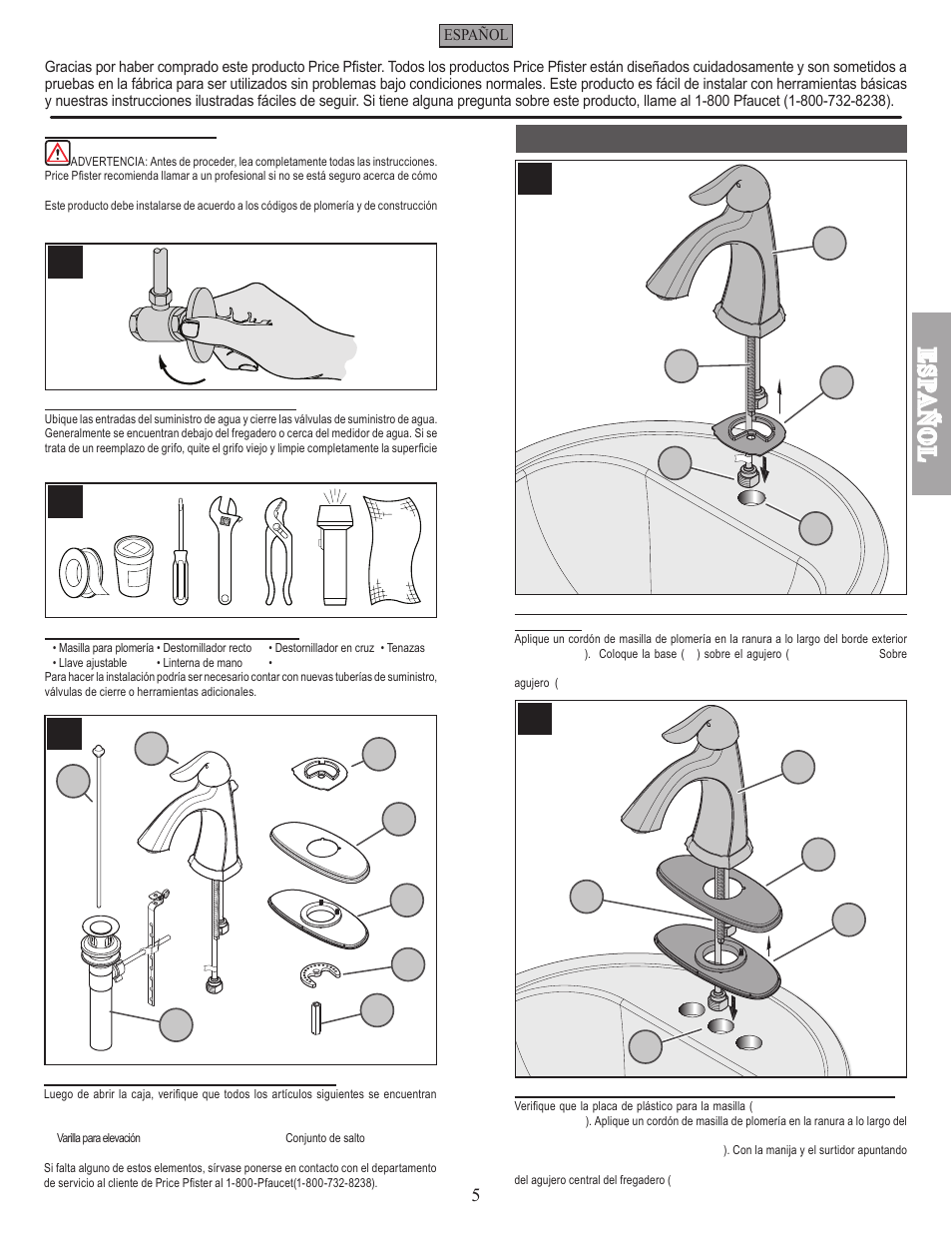 Esp a ñ ol, Instalación del grifo | Pfister F-042-ST0K User Manual | Page 5 / 12