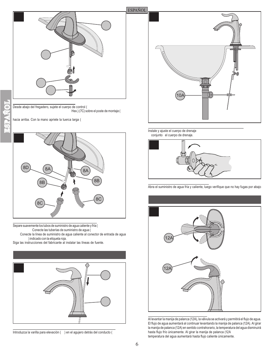 Esp a ñ ol, Funciones del grifo | Pfister F-042-ST0K User Manual | Page 6 / 12