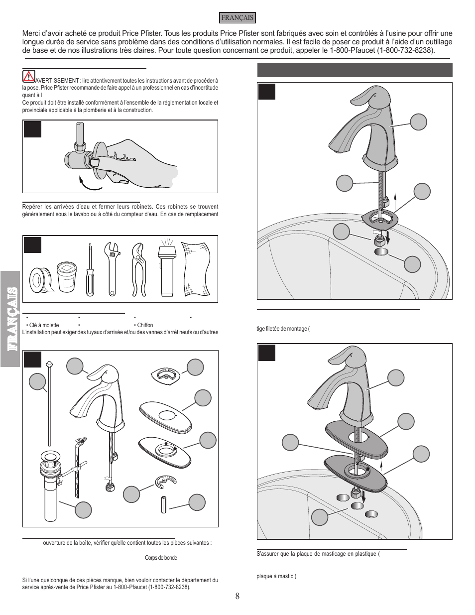 Fran ç ais, Installation de robinet | Pfister F-042-ST0K User Manual | Page 8 / 12