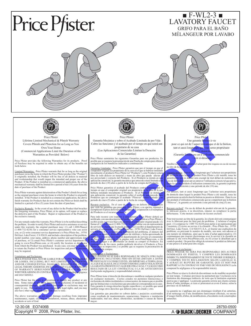 Pfister F-WL2-300C User Manual | 6 pages