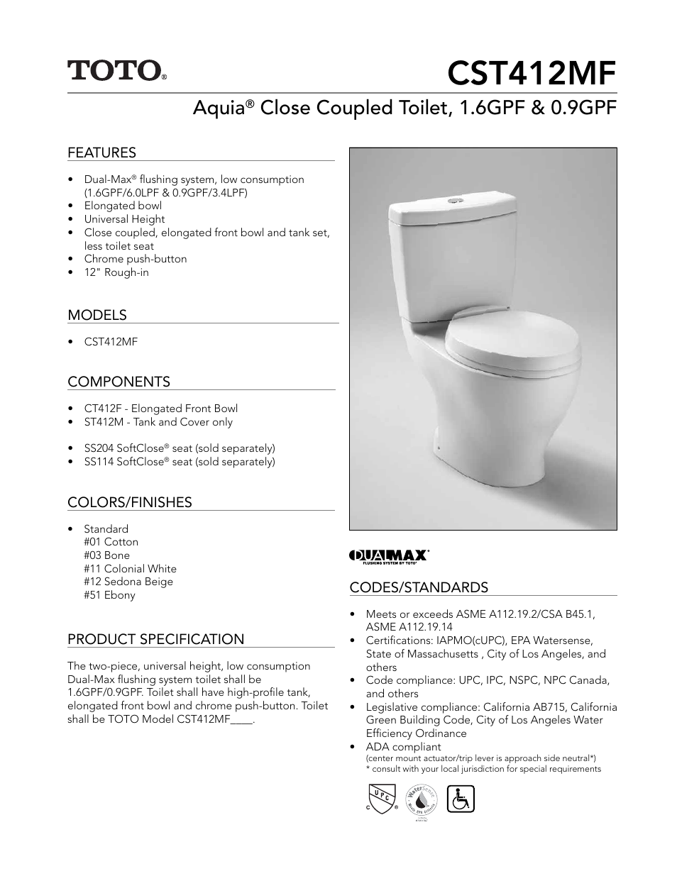 Factory Direct Hardware Toto CST412MF Aquia User Manual | 2 pages