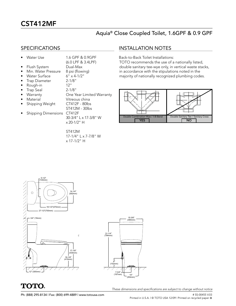 Cst412mf, Aquia, Close coupled toilet, 1.6gpf & 0.9 gpf | Specifications | Factory Direct Hardware Toto CST412MF Aquia User Manual | Page 2 / 2