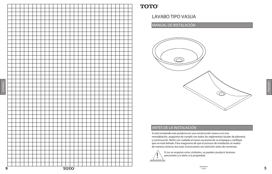 0gu055 pg5 vessel adash round.ai.pdf, Lavabo tipo vasija, Manual de instalación antes de la instalación | Factory Direct Hardware Toto FLT132#80 User Manual | Page 5 / 6