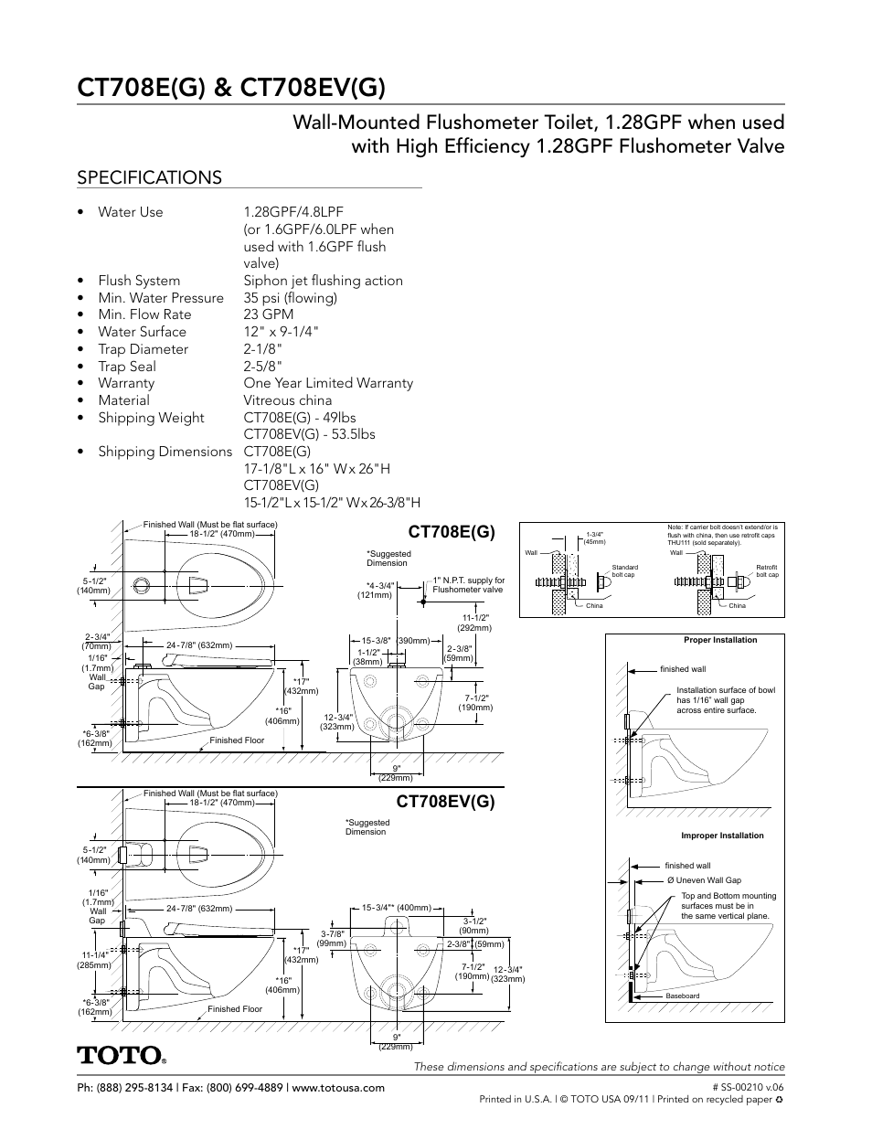 Specifications, X 26-3/8"h | Factory Direct Hardware Toto CT708EG#01 User Manual | Page 2 / 2