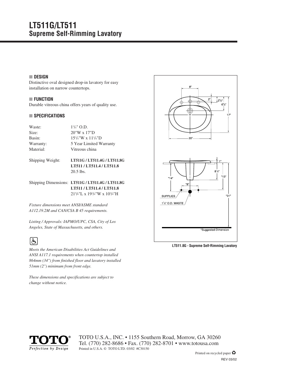 Supreme self-rimming lavatory | Factory Direct Hardware Toto LT511.8#51 User Manual | Page 2 / 2