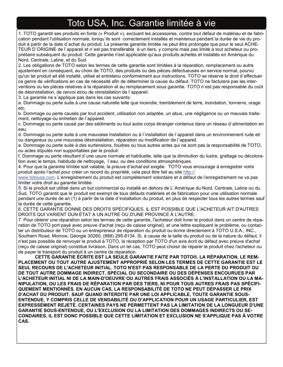 Toto usa, inc. garantie limitée à vie | Factory Direct Hardware Toto FBY1700P User Manual | Page 10 / 15