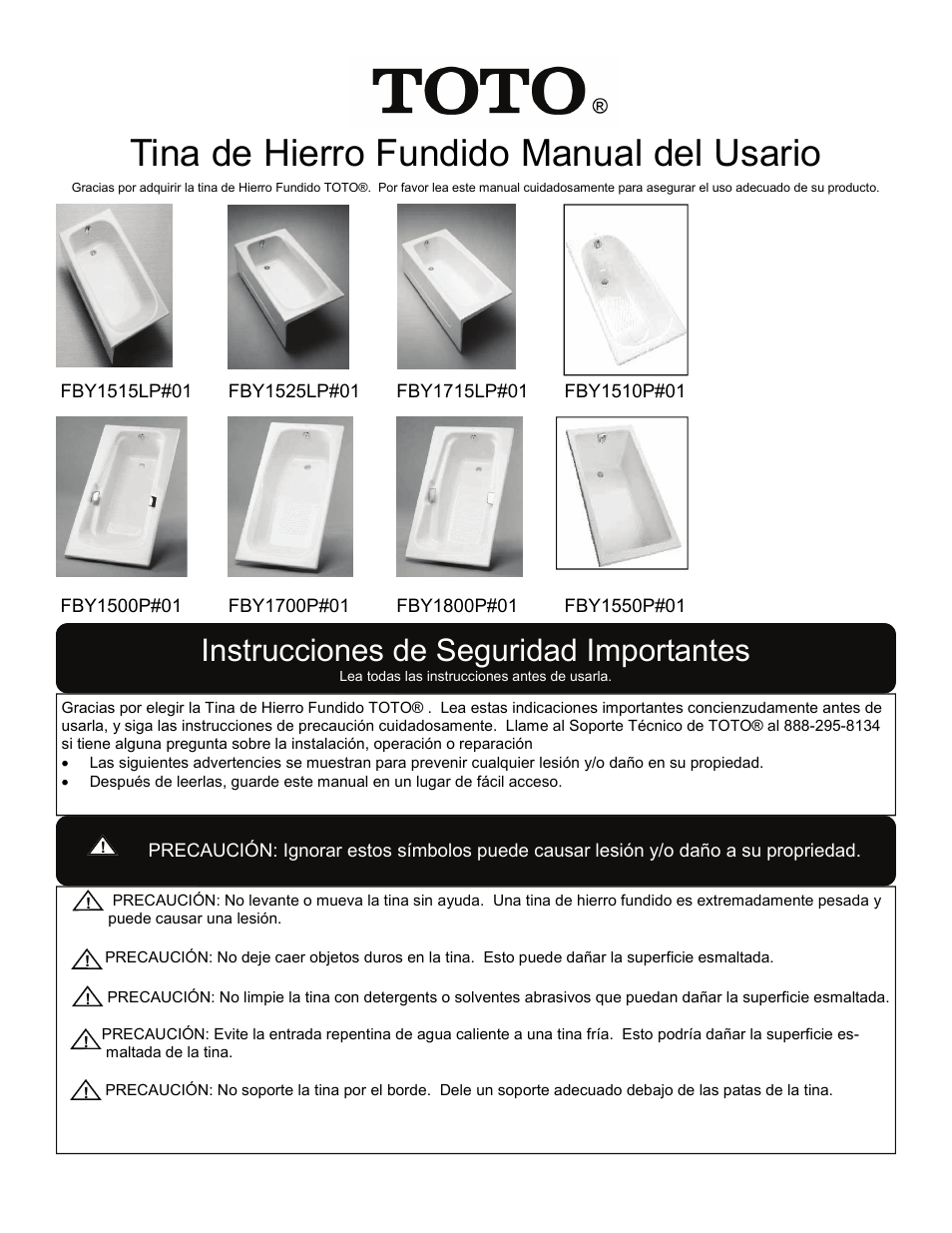 Tina de hierro fundido manual del usario, Instrucciones de seguridad importantes | Factory Direct Hardware Toto FBY1700P User Manual | Page 11 / 15