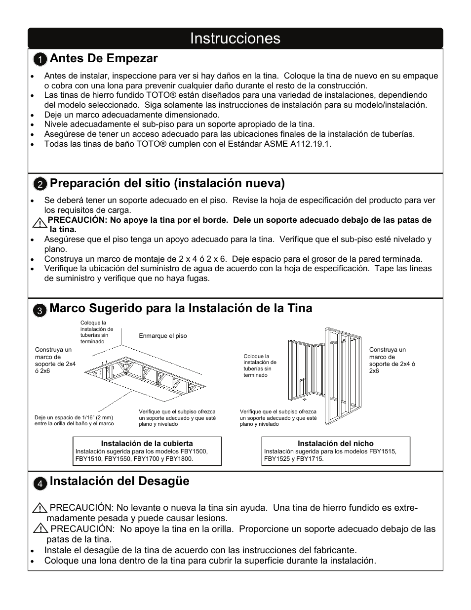 Instrucciones, Preparación del sitio (instalación nueva), Antes de empezar | Marco sugerido para la instalación de la tina, Instalación del desagüe | Factory Direct Hardware Toto FBY1700P User Manual | Page 12 / 15