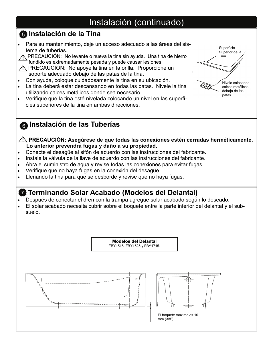 Instalación (continuado), Instalación de la tina, Terminando solar acabado (modelos del delantal) | Instalación de las tuberías | Factory Direct Hardware Toto FBY1700P User Manual | Page 13 / 15