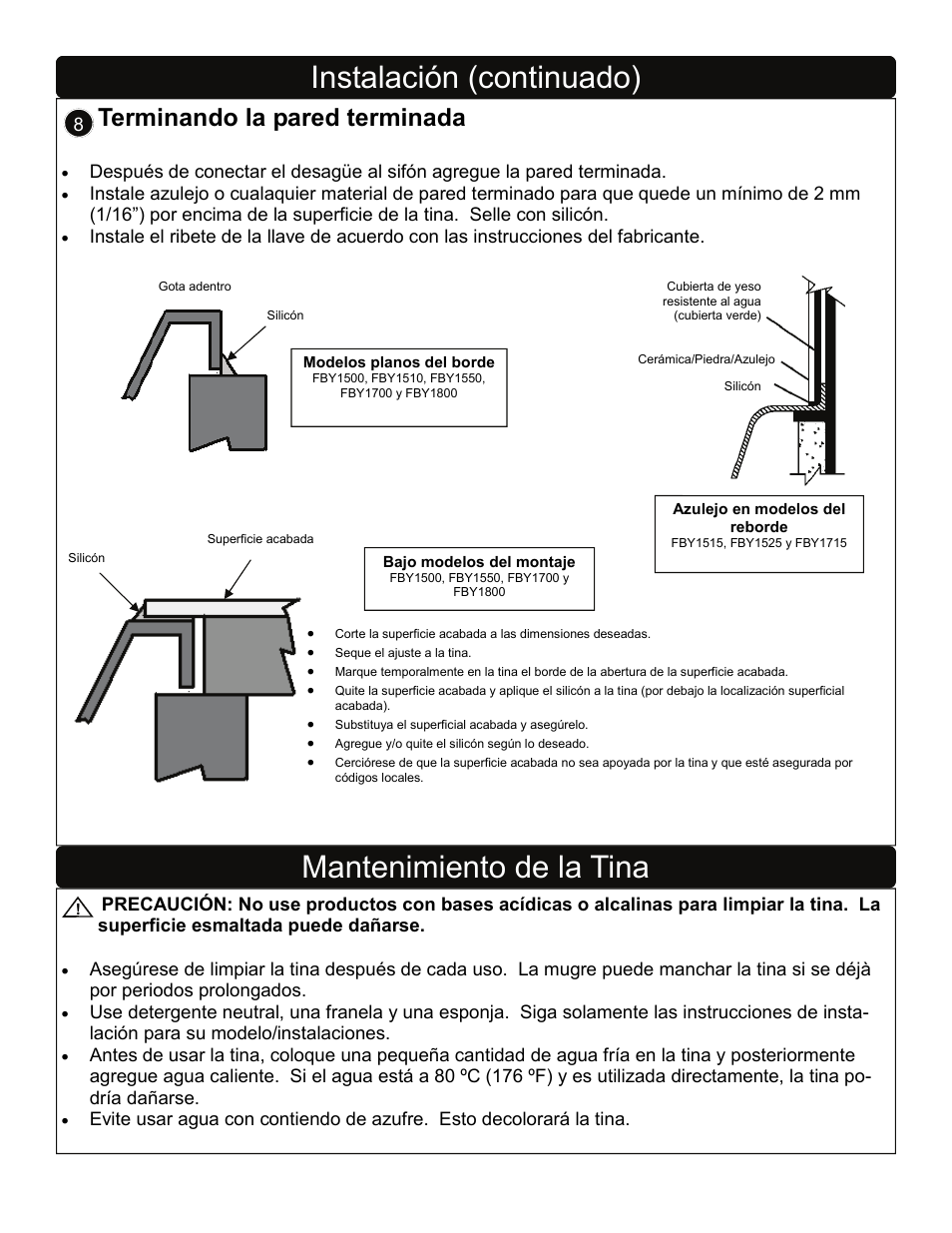 Instalación (continuado), Mantenimiento de la tina, Terminando la pared terminada | Factory Direct Hardware Toto FBY1700P User Manual | Page 14 / 15