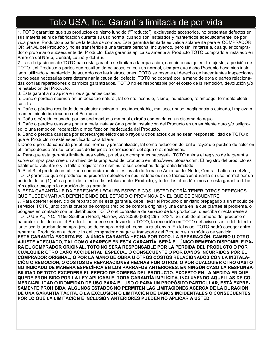 Toto usa, inc. garantía limitada de por vida | Factory Direct Hardware Toto FBY1700P User Manual | Page 15 / 15