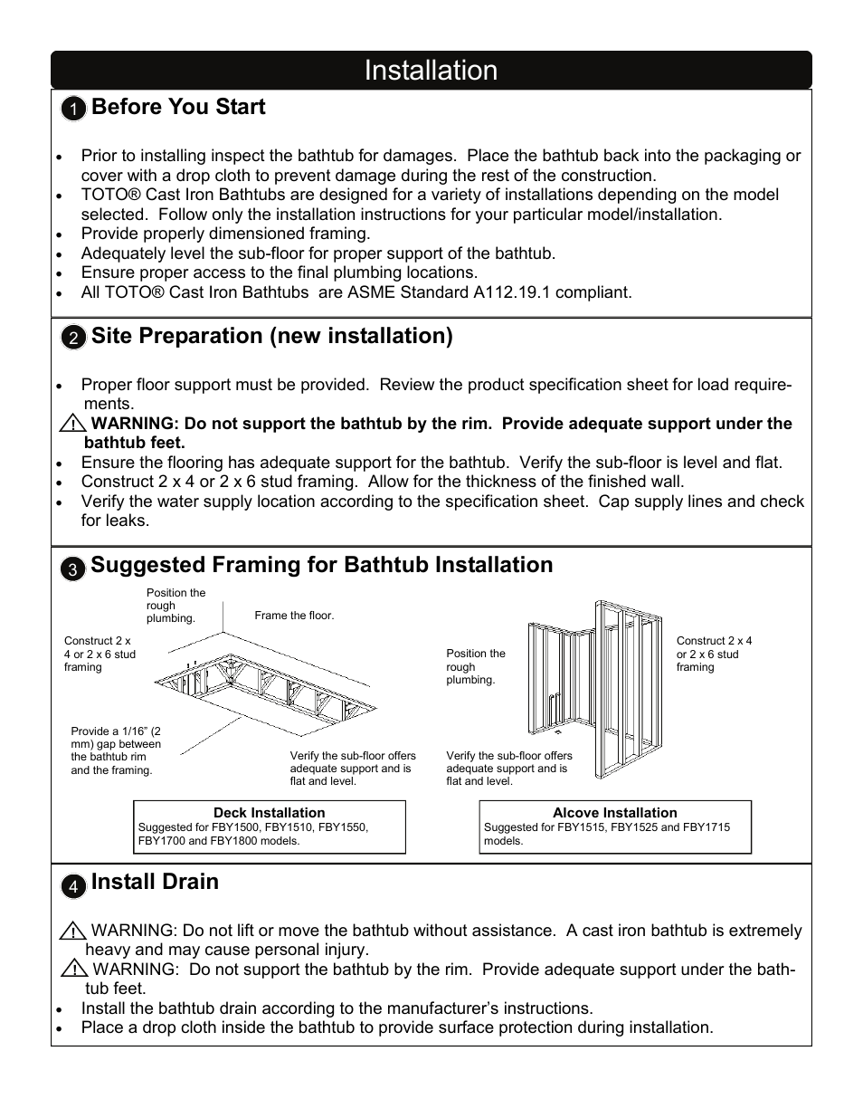 Installation, Site preparation (new installation), Before you start | Suggested framing for bathtub installation, Install drain | Factory Direct Hardware Toto FBY1700P User Manual | Page 2 / 15