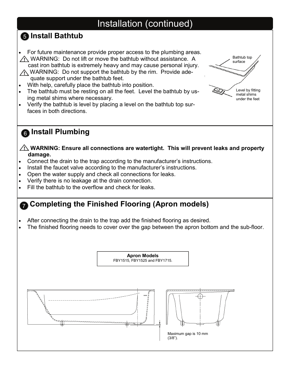 Installation (continued), Install bathtub, Completing the finished flooring (apron models) | Install plumbing | Factory Direct Hardware Toto FBY1700P User Manual | Page 3 / 15
