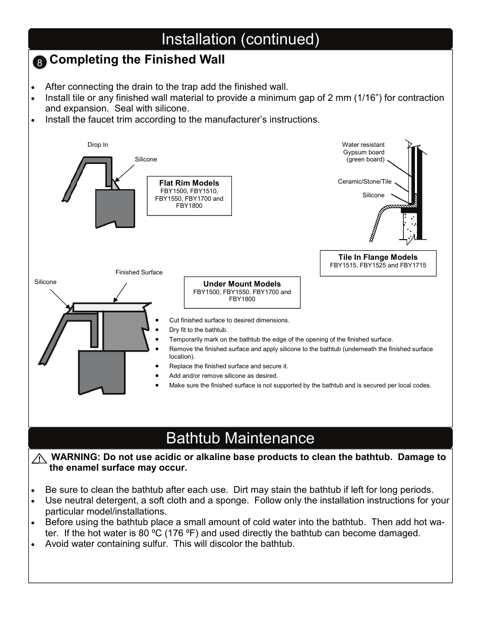 Installation (continued), Bathtub maintenance, Completing the finished wall | Factory Direct Hardware Toto FBY1700P User Manual | Page 4 / 15