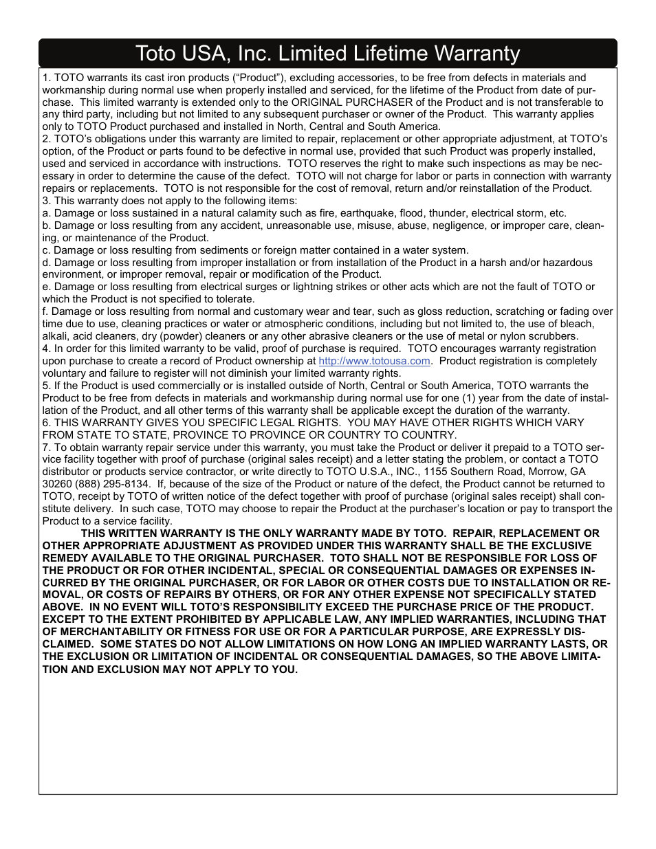 Toto usa, inc. limited lifetime warranty | Factory Direct Hardware Toto FBY1700P User Manual | Page 5 / 15