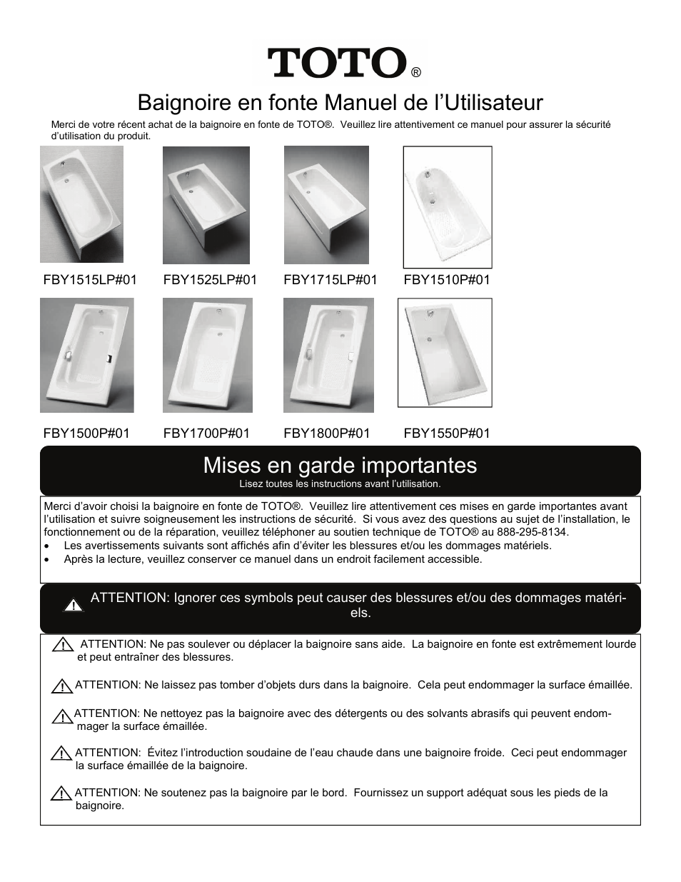 Baignoire en fonte manuel de l’utilisateur, Mises en garde importantes | Factory Direct Hardware Toto FBY1700P User Manual | Page 6 / 15