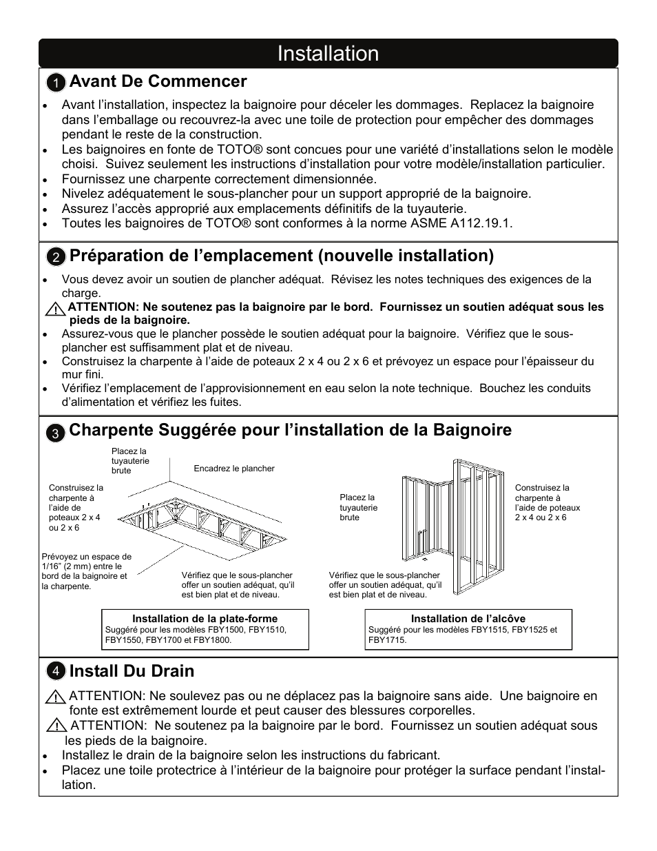 Installation, Avant de commencer, Install du drain | Factory Direct Hardware Toto FBY1700P User Manual | Page 7 / 15