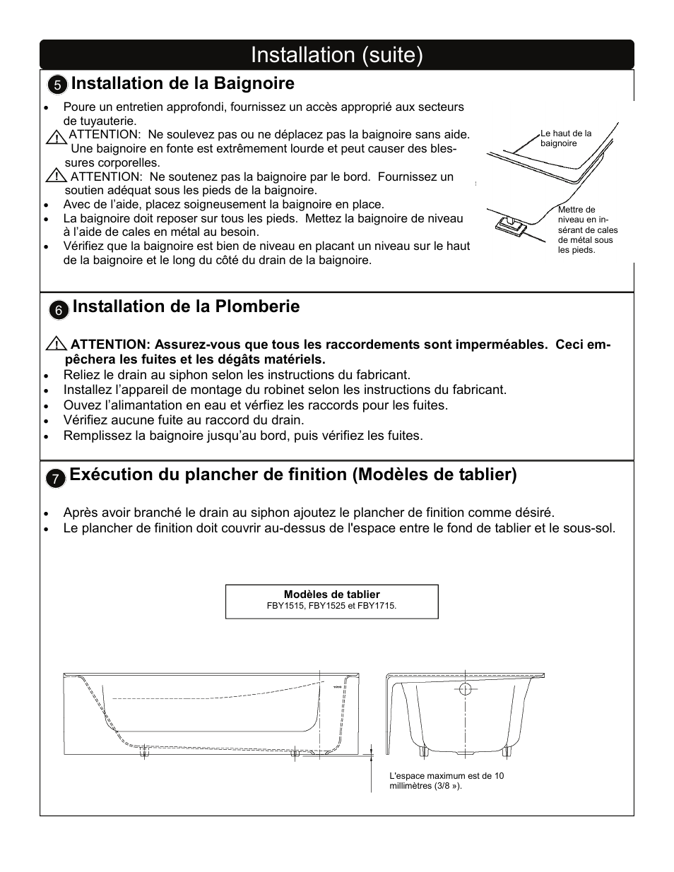 Installation (suite), Installation de la baignoire, Installation de la plomberie | Factory Direct Hardware Toto FBY1700P User Manual | Page 8 / 15