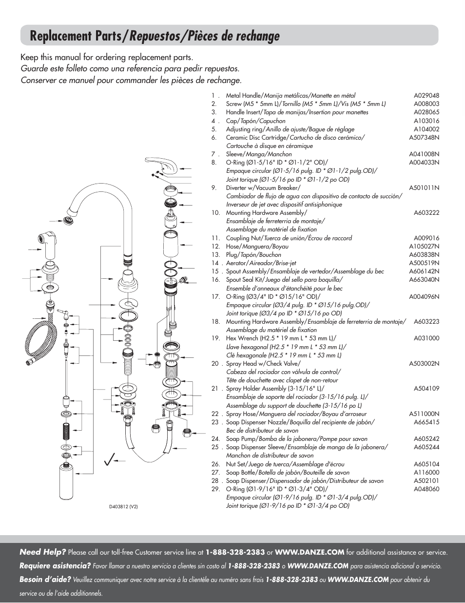 Replacement parts/ repuestos/pièces de rechange | Factory Direct Hardware Danze D409012 Melrose User Manual | Page 6 / 6