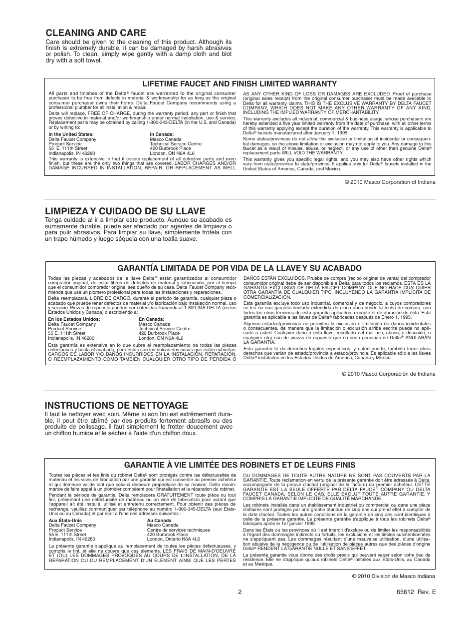 Cleaning and care, Instructions de nettoyage, Limpieza y cuidado de su llave | Lifetime faucet and finish limited warranty | Factory Direct Hardware Delta BT14296 User Manual | Page 2 / 8
