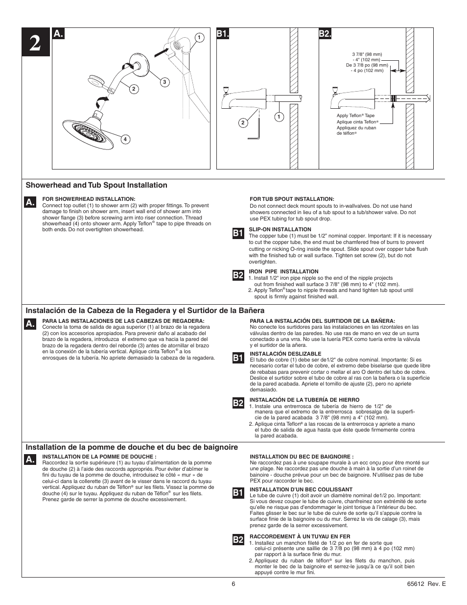 B1. b2, Showerhead and tub spout installation | Factory Direct Hardware Delta BT14296 User Manual | Page 6 / 8