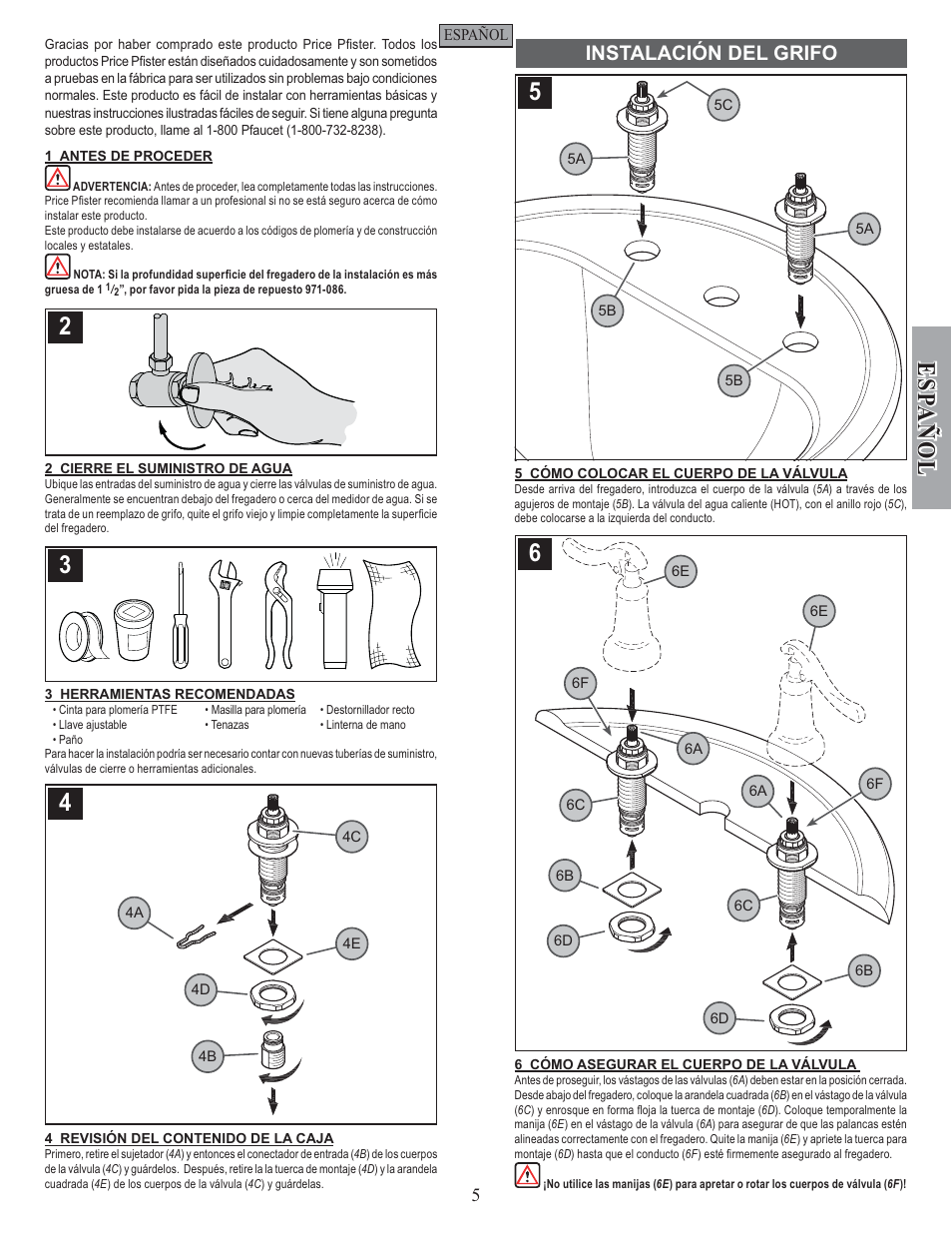 Esp a ñ ol, Instalación del grifo | Pfister GT49-YP1K User Manual | Page 5 / 12