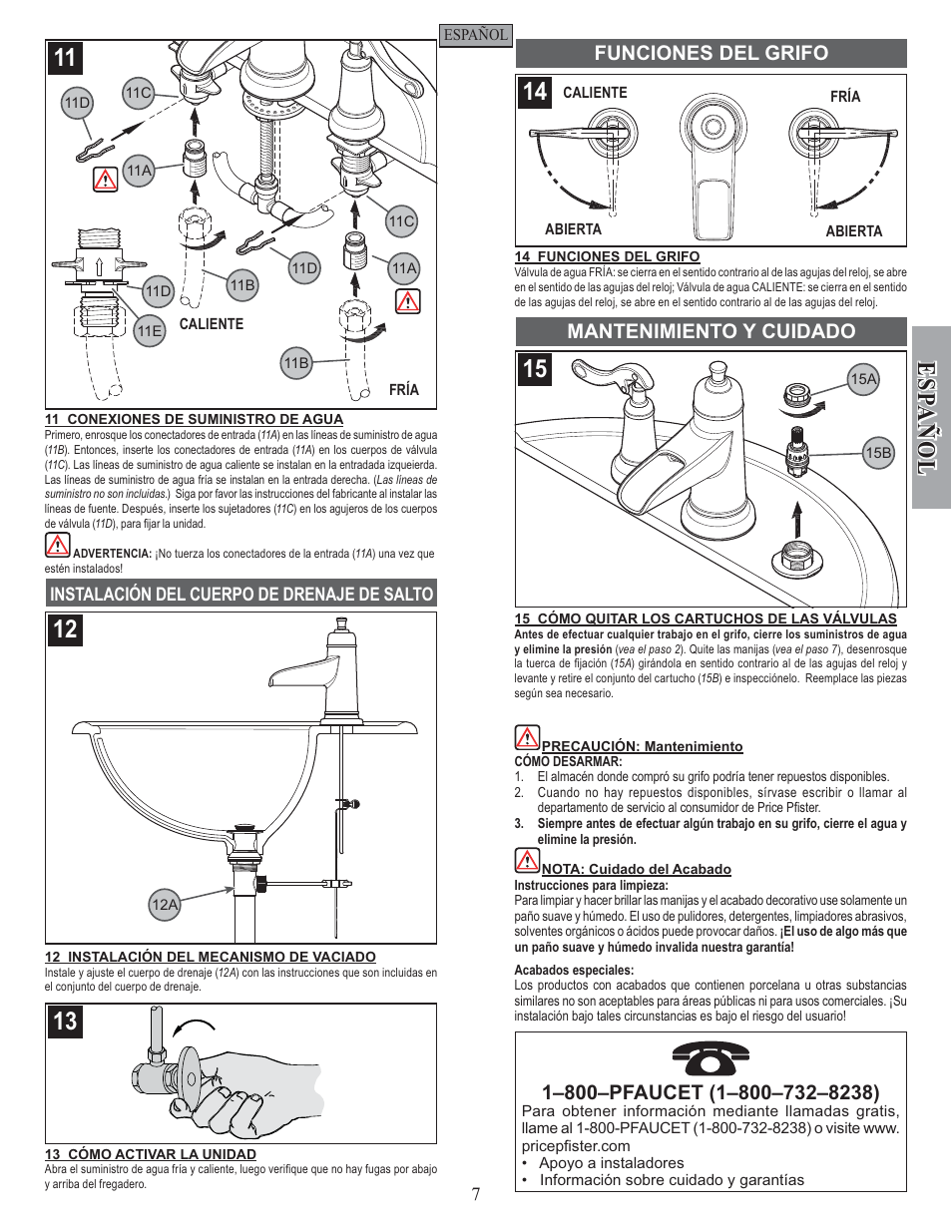 Esp a ñ ol, Funciones del grifo mantenimiento y cuidado | Pfister GT49-YP1K User Manual | Page 7 / 12