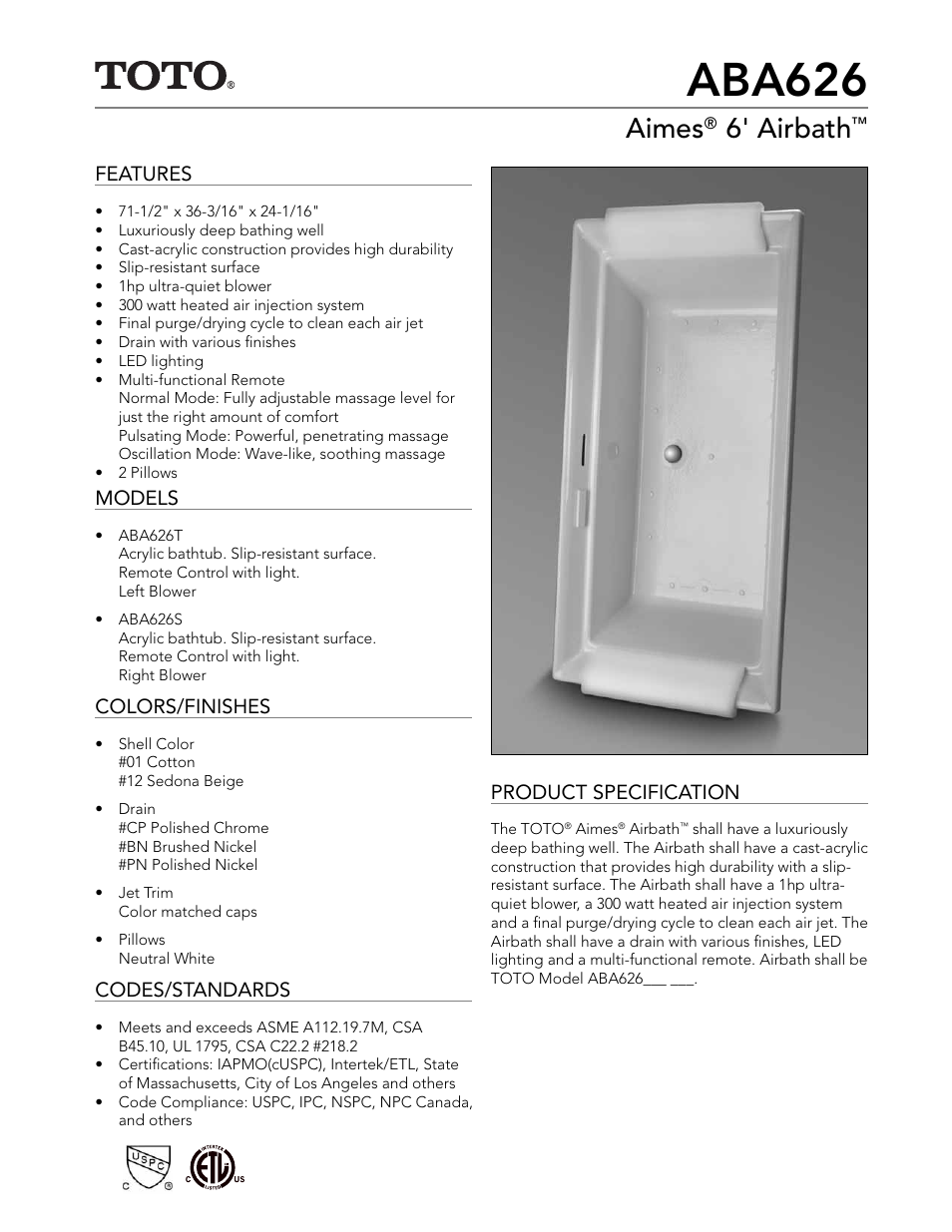 Factory Direct Hardware Toto ABA626T User Manual | 2 pages