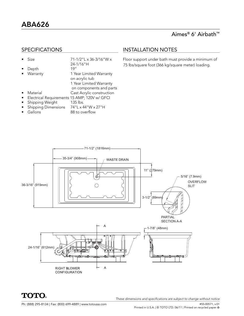 Aba626, Aimes, 6' airbath | Specifications | Factory Direct Hardware Toto ABA626T User Manual | Page 2 / 2