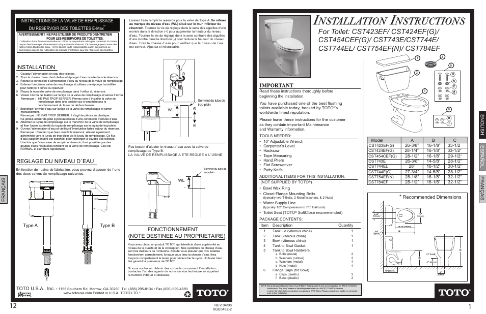 Factory Direct Hardware Toto CST423EF Eco Lloyd User Manual | 6 pages