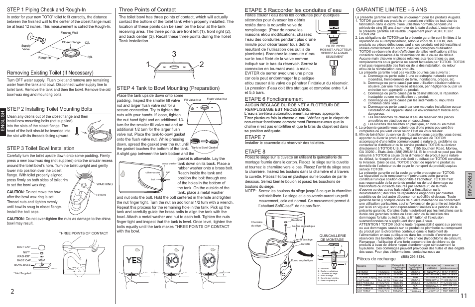 0gu048z-2 final p2p11.pdf, No yes, Step 1 piping check and rough-in | Removing existing toilet (if necessary), Step 2 installing toilet mounting bolts, Step 3 toilet bowl installation, Step 4 tank to bowl mounting (preparation), Three points of contact, Etape 7, Etape 8 | Factory Direct Hardware Toto CST423EF Eco Lloyd User Manual | Page 2 / 6