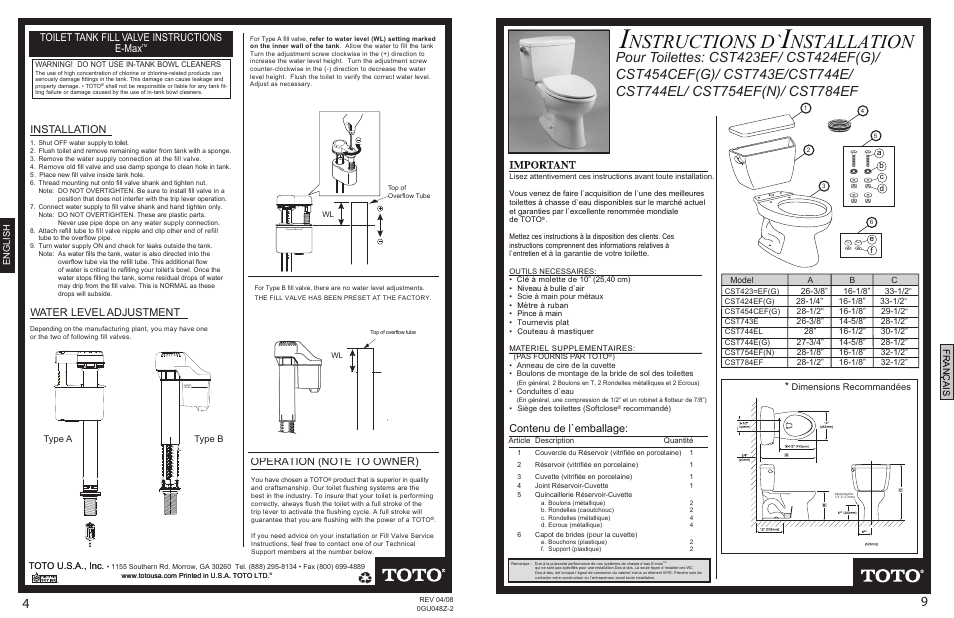 0gu048z-2 final p4p9.pdf, Nstructions d, Nstallation | Contenu de l`emballage, Toilet tank fill valve instructions e-max, Dimensions recommandées, Toto u.s.a., inc, Type a type b | Factory Direct Hardware Toto CST423EF Eco Lloyd User Manual | Page 4 / 6