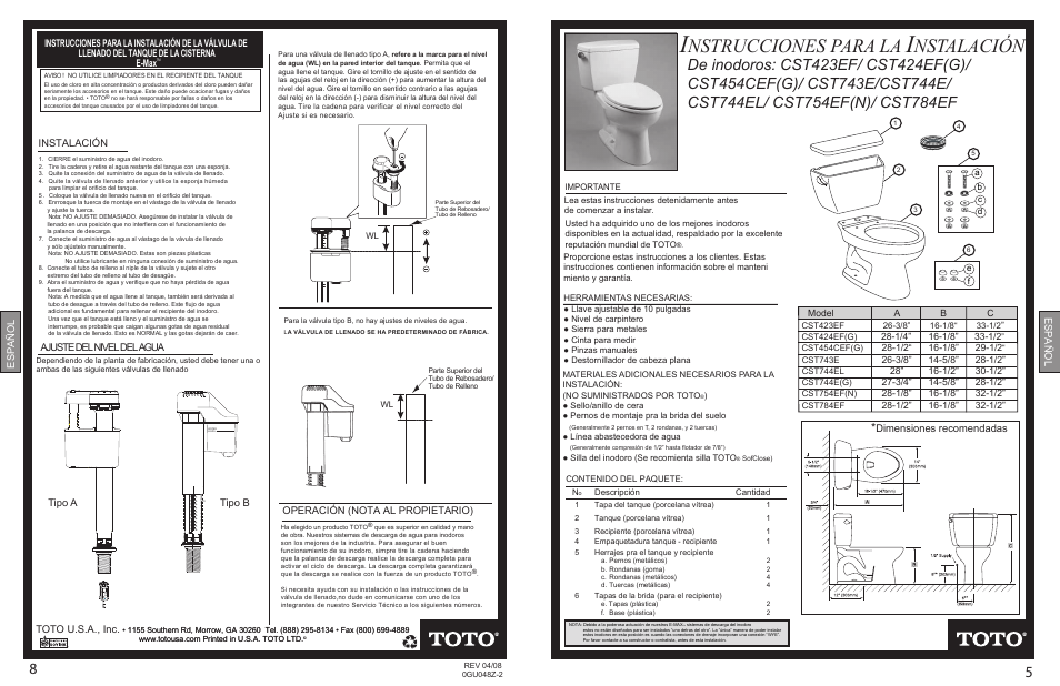 0gu048z-2 final p8p5.pdf, Nstrucciones para la, Nstalación | Español toto u.s.a., inc, Instalación, Ajuste del nivel del agua, Tipo a tipo b operación (nota al propietario), Español, Dimensiones recomendadas | Factory Direct Hardware Toto CST423EF Eco Lloyd User Manual | Page 5 / 6
