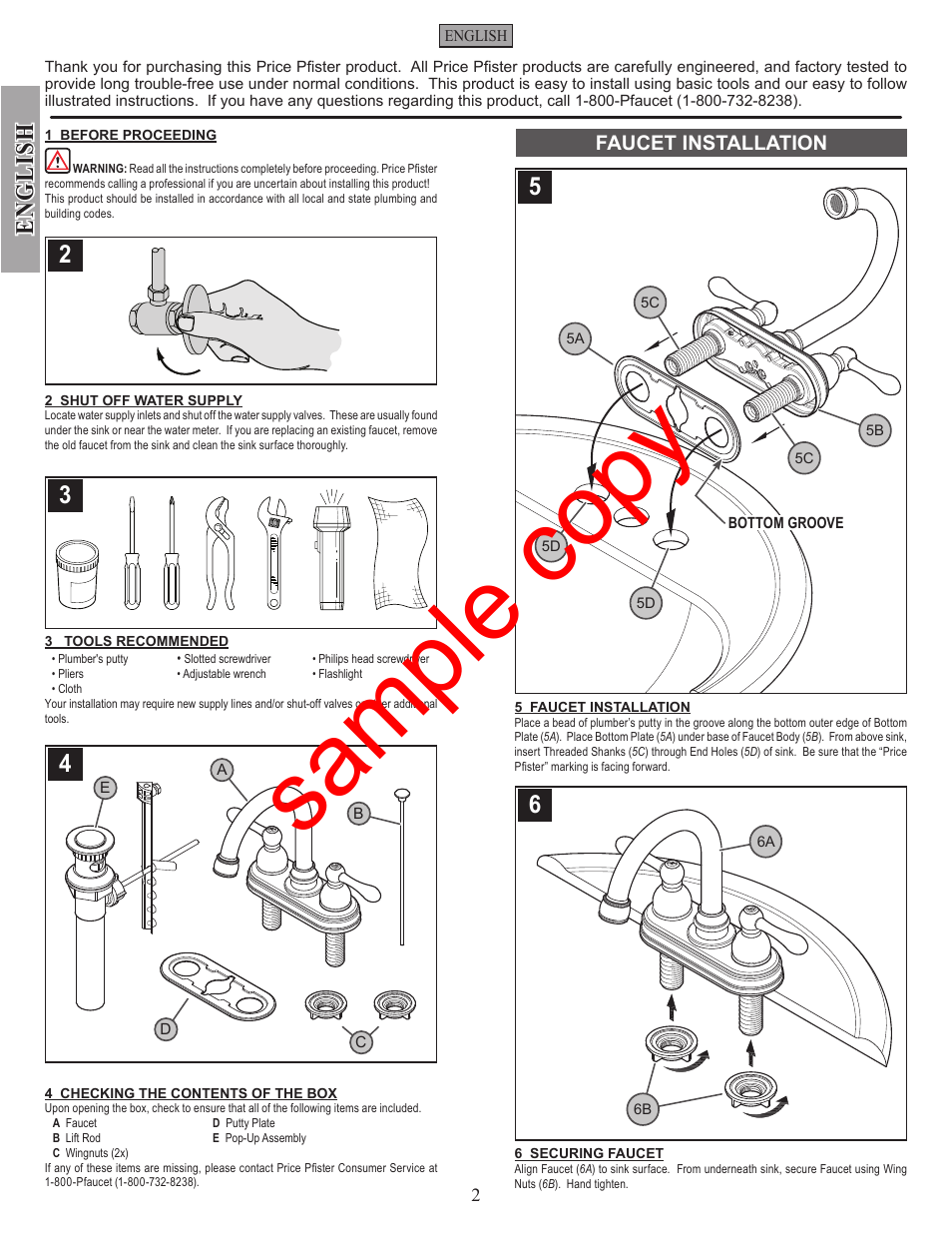 Sample copy, English | Factory Direct Hardware Pfister F-048-LH User Manual | Page 2 / 12