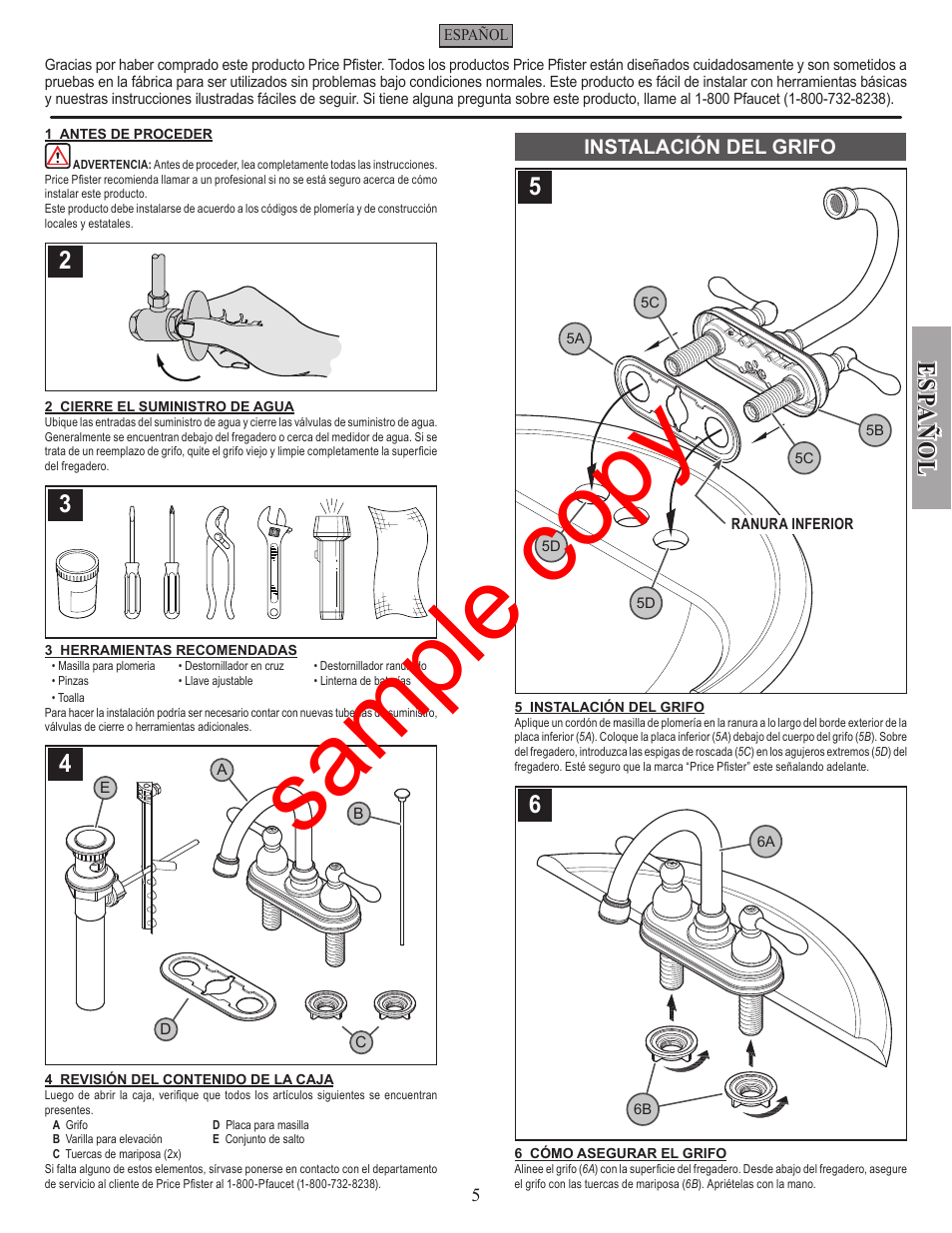 Sample copy, Esp a ñ ol | Factory Direct Hardware Pfister F-048-LH User Manual | Page 5 / 12