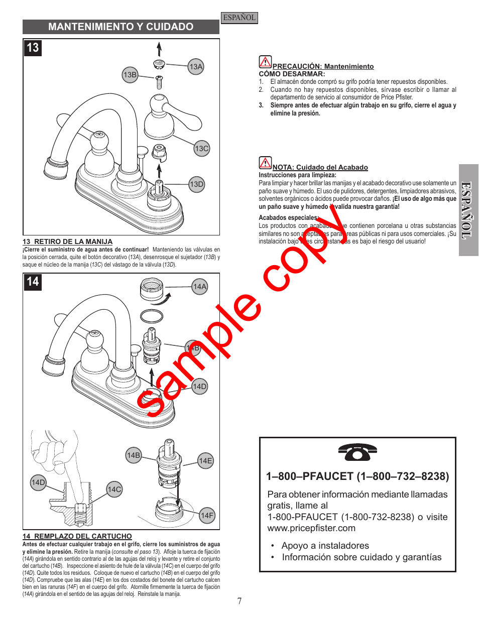 Sample copy, Esp a ñ ol | Factory Direct Hardware Pfister F-048-LH User Manual | Page 7 / 12