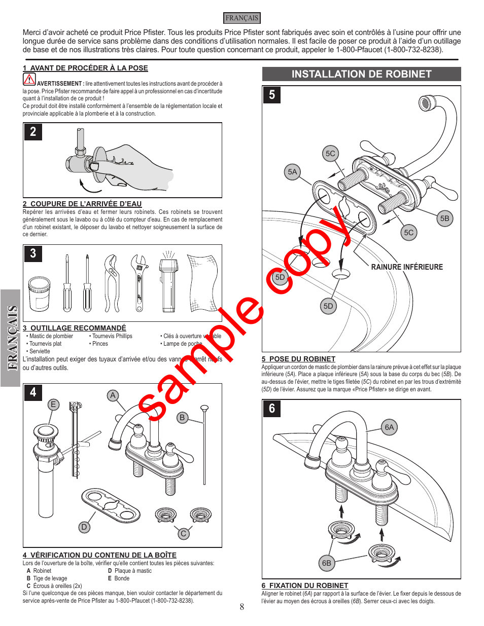 Sample copy, Fran ç ais | Factory Direct Hardware Pfister F-048-LH User Manual | Page 8 / 12