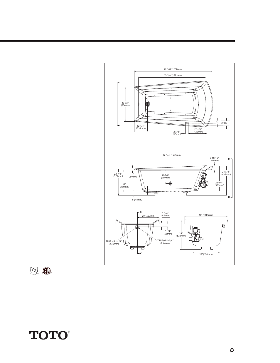 Aba964r/l, Soirée™ 6' air bath, Toto | Style, Specifications, 125 lbs, Cut template to assure rough in dimensions | Factory Direct Hardware Toto ABA964RY User Manual | Page 2 / 2