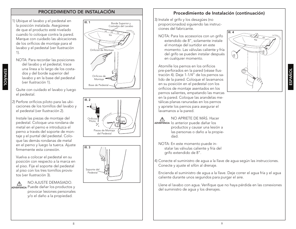 Procedimiento de instalación, Procedimiento de instalación (continuación) | Factory Direct Hardware Toto LT960 User Manual | Page 5 / 9