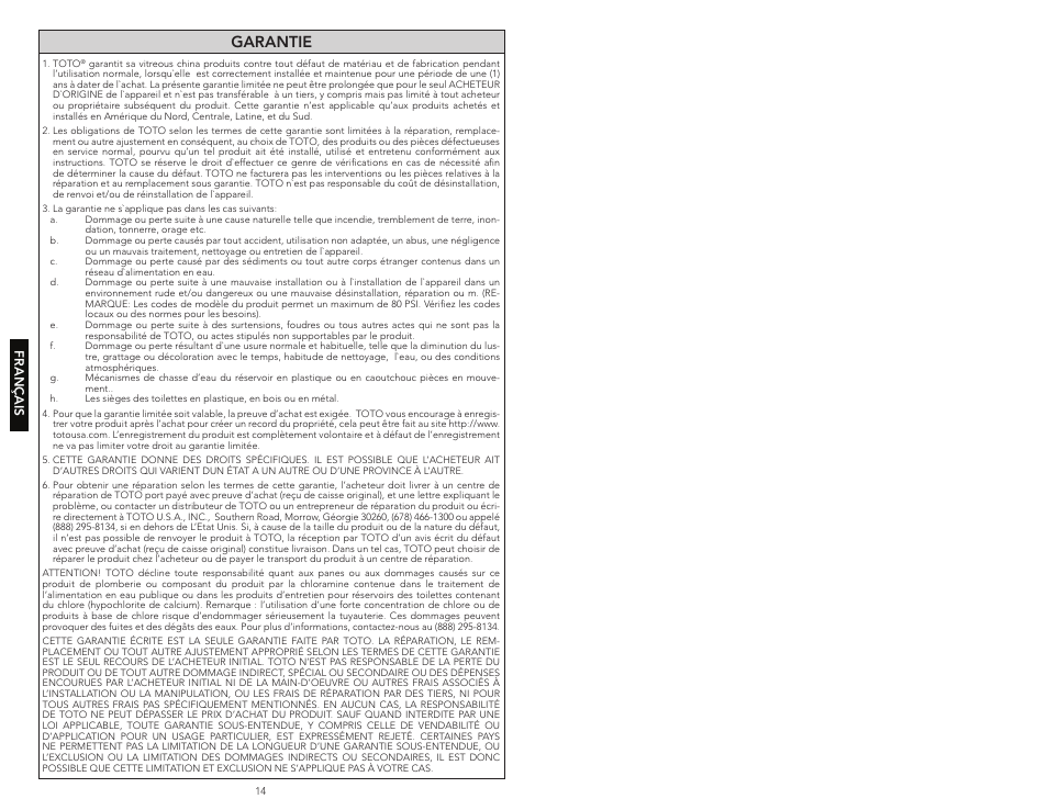 Garantie | Factory Direct Hardware Toto LT960 User Manual | Page 8 / 9